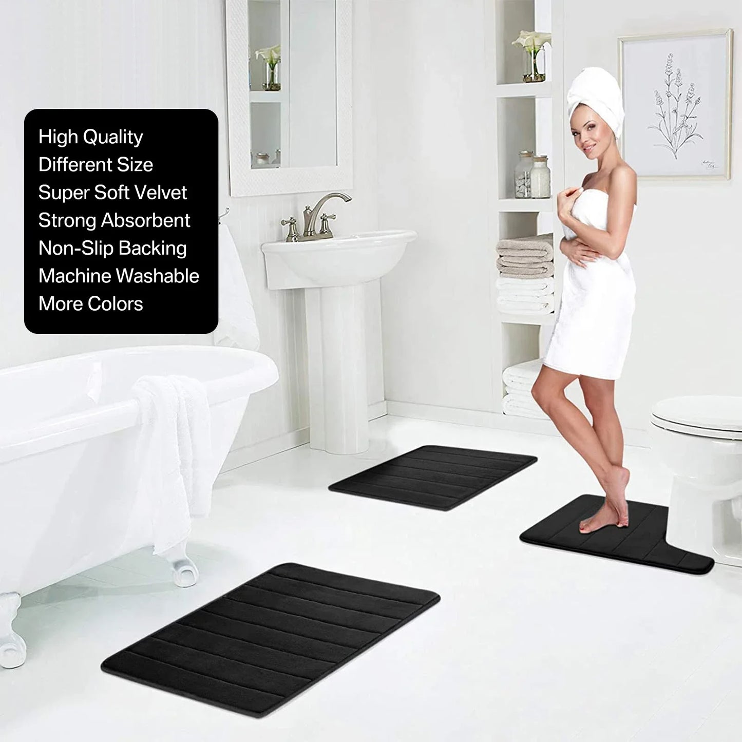 Lot de 3 tapis de bain antidérapants en mousse à mémoire de forme, doux, absorbants, séchage rapide, lavables en machine, pour la maison