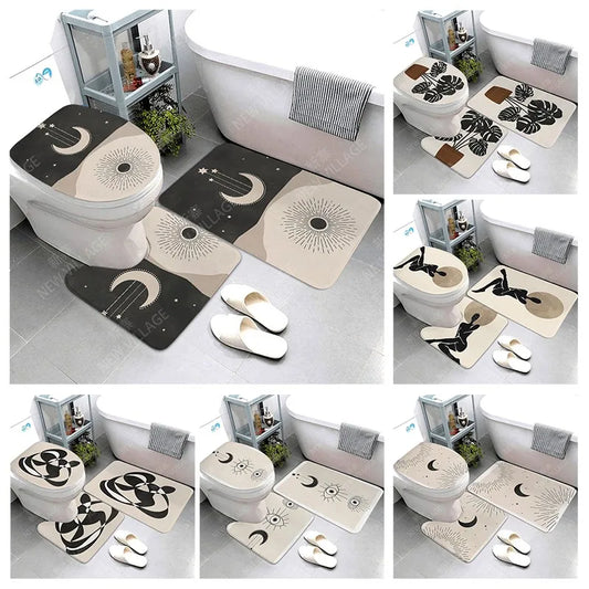 Tapis de bain antidérapant, tapis de salle de bain, tapis de douche, tapis de pied absorbant décoratif, tapis de baignoire d'entrée, tapis de toilette, style bohème, motif feuille et plante nordique