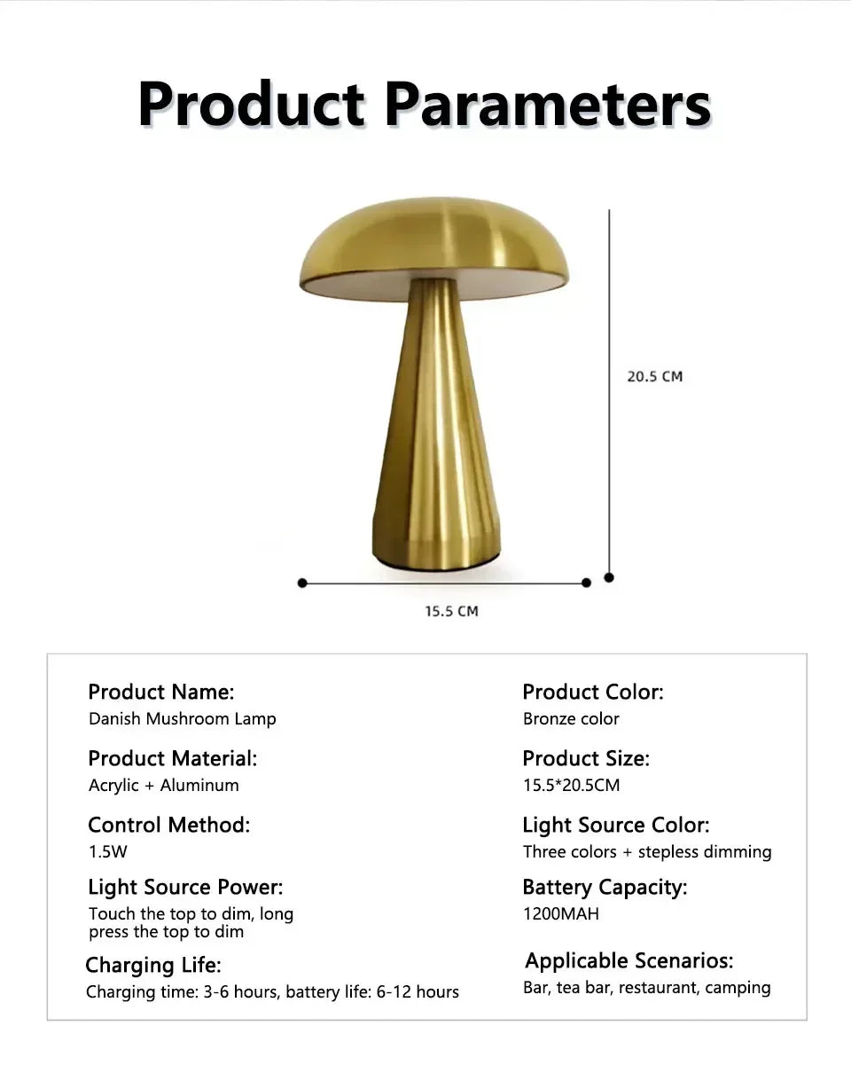 Retro Mushroom LED Table Lamp Touch Sensor Bedside Lamp Rechargeable Reading Lights For Bedroom Restaurant Bar Decor Lighting